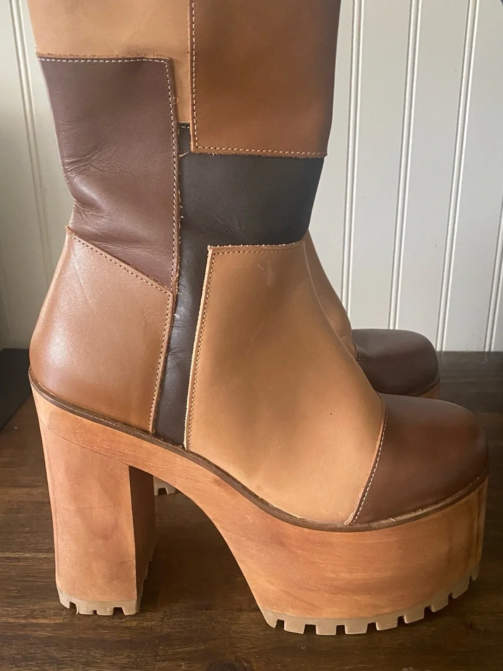 Steve Madden Two-Tone Brown Leather Platform Mid-Calf Boots
